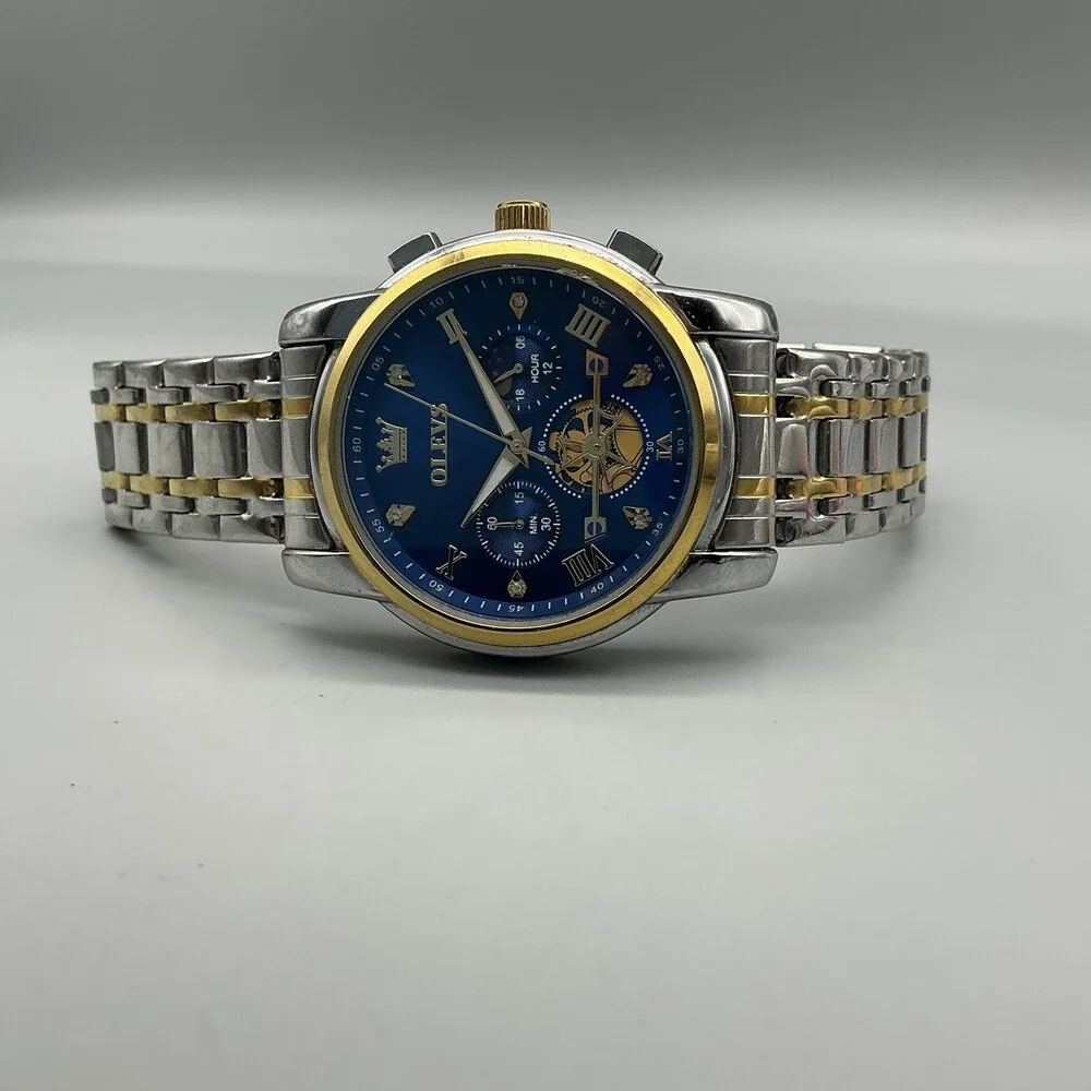 OLEVS 2856G Mens Watch 41mm Blue Dial Two Tone Chronograph New Battery 8.75